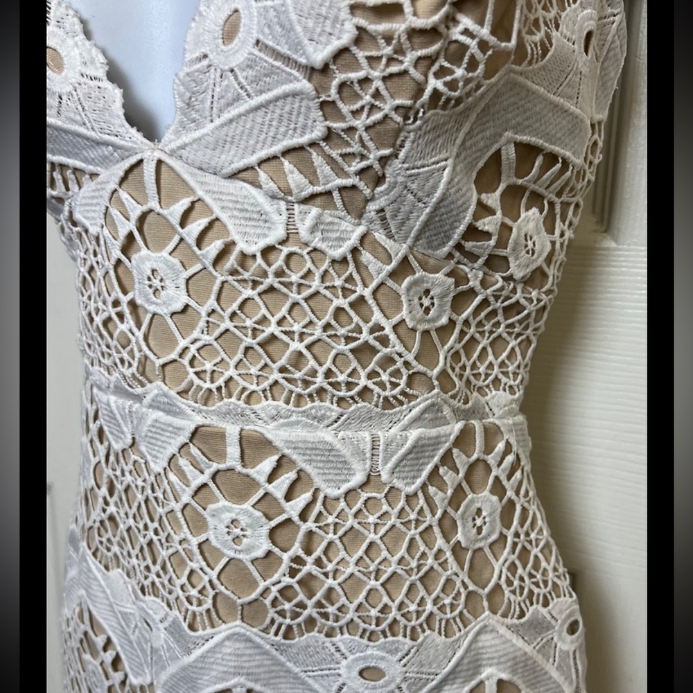 LULUS Dress Sway Away Crochet White Beige Overlay Lace Evening Party Mini - Picture 6 of 12